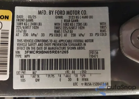 2025 Ford Bronco Sport Big Bend z USA, uszkodzony, nr VIN 3FMCR9BN6SRE61265